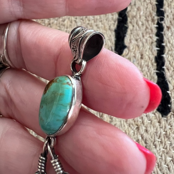 ❤️ Kingman Turquoise Navajo Southwestern Feather Sterling Pendant 5.6gm 2.34”L - Picture 11 of 15